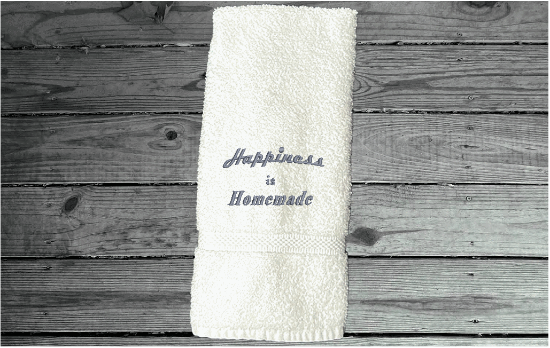 White hand towel - Happiness is Homemade embroidered saying on a premium soft and absorbent towel for your kitchen decor -  the perfect gift for a friend - the towel can be personalized with your choice of thread color - cotton terry towel premium soft and absorbent app. 16" x 30" - Borgmanns Creations - 4