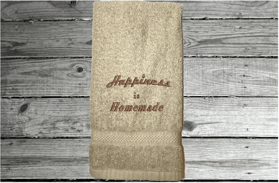 Beige hand towel - Happiness is Homemade embroidered saying on a premium soft and absorbent towel for your kitchen decor -  the perfect gift for a friend - the towel can be personalized with your choice of thread color - cotton terry towel premium soft and absorbent app. 16" x 27" - Borgmanns Creations - 5