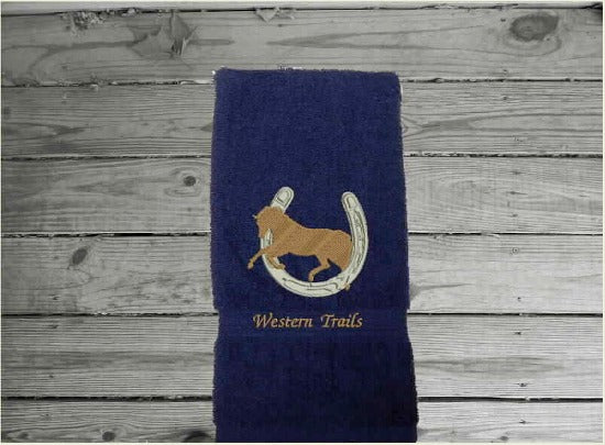 Blue personalized hand towel - embroidered horse and horseshoe design -  soft and absorbent terry towel, 16" x 27" - wedding gift for the new couple,  birthday gift, farmhouse decor, bath or kitchen or barn work with horses. - Borgmanns Creations 
