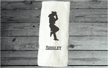 Load image into Gallery viewer, White bath hand towel - embroidered cowgirl silhouette - bathroom or kitchen farmhouse decor - personalize friend gift,  gift for mom, barn work towel - birthday, bridal shower or housewarming gift - Borgmanns Creations 2
