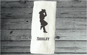 White bath hand towel - embroidered cowgirl silhouette - bathroom or kitchen farmhouse decor - personalize friend gift,  gift for mom, barn work towel - birthday, bridal shower or housewarming gift - Borgmanns Creations 2