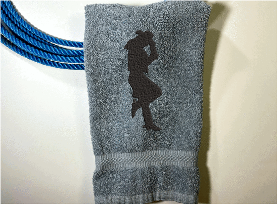 Gray bath hand towel - embroidered cowgirl silhouette - bathroom or kitchen farmhouse decor - personalize friend gift,  gift for mom, barn work towel - birthday, bridal shower or housewarming gift - Borgmanns Creations 3