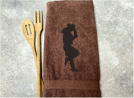 Brown bath hand towel - embroidered cowgirl silhouette - bathroom or kitchen farmhouse decor - personalize friend gift,  gift for mom, barn work towel - birthday, bridal shower or housewarming gift - Borgmanns Creations 4