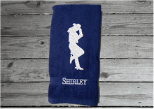 Load image into Gallery viewer, Blue bath hand towel - embroidered cowgirl silhouette - bathroom or kitchen farmhouse decor - personalize friend gift,  gift for mom, barn work towel - birthday, bridal shower or housewarming gift - Borgmanns Creations 1
