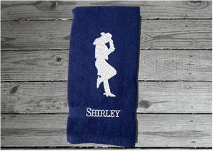 Blue bath hand towel - embroidered cowgirl silhouette - bathroom or kitchen farmhouse decor - personalize friend gift,  gift for mom, barn work towel - birthday, bridal shower or housewarming gift - Borgmanns Creations 1
