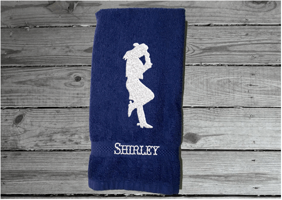 Blue bath hand towel - embroidered cowgirl silhouette - bathroom or kitchen farmhouse decor - personalize friend gift,  gift for mom, barn work towel - birthday, bridal shower or housewarming gift - Borgmanns Creations 1