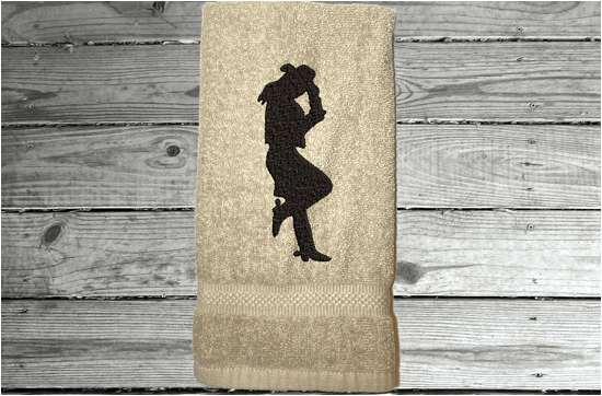 Beige bath hand towel - embroidered cowgirl silhouette - bathroom or kitchen farmhouse decor - personalize friend gift,  gift for mom, barn work towel - birthday, bridal shower or housewarming gift - Borgmanns Creations 5