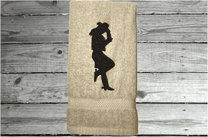 Beige bath hand towel - embroidered cowgirl silhouette - bathroom or kitchen farmhouse decor - personalize friend gift,  gift for mom, barn work towel - birthday, bridal shower or housewarming gift - Borgmanns Creations 5