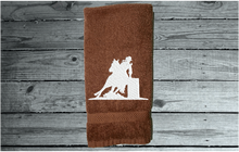 Load image into Gallery viewer, Brown Bath Hand Towel - embroidered country western barrel racer - bathroom / kitchen farmhouse decor - work towel - bar towel - kids room cowgirl gift - shower gift - birthday - hostess gift - Borgmanns Creations 4
