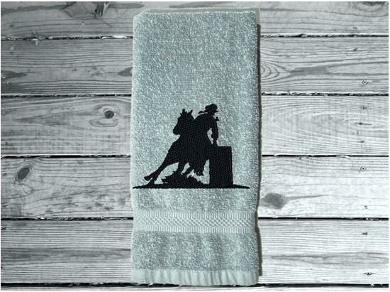 Gray Bath Hand Towel - embroidered country western barrel racer - bathroom / kitchen farmhouse decor - work towel - bar towel - kids room cowgirl gift - shower gift - birthday - hostess gift - Borgmanns Creations 5