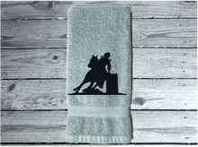 Load image into Gallery viewer, Gray Bath Hand Towel - embroidered country western barrel racer - bathroom / kitchen farmhouse decor - work towel - bar towel - kids room cowgirl gift - shower gift - birthday - hostess gift - Borgmanns Creations 5
