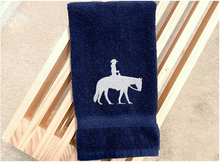 Load image into Gallery viewer, Blue bath hand towel western pleasure rider design -  cowboy/ cowgirl gift -  keep with gear, (handy hand towel) - personalized gift - bathroom decor, kitchen decor - wedding shower gift, birthday gift - Borgmanns Creations 3
