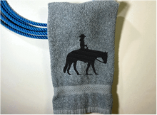 Load image into Gallery viewer, Gray bath hand towel western pleasure rider design -  cowboy/ cowgirl gift -  keep with gear, (handy hand towel) - personalized gift - bathroom decor, kitchen decor - wedding shower gift, birthday gift - Borgmanns Creations 4
