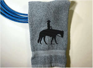 Gray bath hand towel western pleasure rider design -  cowboy/ cowgirl gift -  keep with gear, (handy hand towel) - personalized gift - bathroom decor, kitchen decor - wedding shower gift, birthday gift - Borgmanns Creations 4