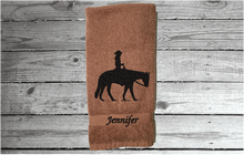 Load image into Gallery viewer, Brown bath hand towel western pleasure rider design -  cowboy/ cowgirl gift -  keep with gear, (handy hand towel) - personalized gift - bathroom decor, kitchen decor - wedding shower gift, birthday gift - Borgmanns Creations 1
