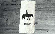 Load image into Gallery viewer, White bath hand towel western pleasure rider design -  cowboy/ cowgirl gift -  keep with gear, (handy hand towel) - personalized gift - bathroom decor, kitchen decor - wedding shower gift, birthday gift - Borgmanns Creations 5
