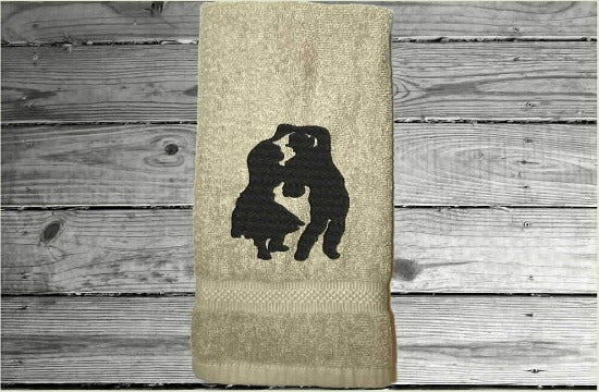 Beige hand towel personalized couple gift, premium soft and absorbent terry towel 16" x 27" for the couple that enjoys dancing, wedding gift, anniversary gift, birthday gift etc. for the farmhouse decor, bathroom or kitchen for all to enjoy  - Borgmanns Creations