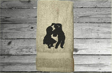 Load image into Gallery viewer, Beige hand towel personalized couple gift, premium soft and absorbent terry towel 16&quot; x 27&quot; for the couple that enjoys dancing, wedding gift, anniversary gift, birthday gift etc. for the farmhouse decor, bathroom or kitchen for all to enjoy  - Borgmanns Creations
