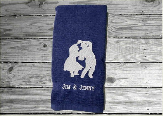Blue hand towel personalized couple gift, premium soft and absorbent terry towel 16" x 27" for the couple that enjoys dancing, wedding gift, anniversary gift, birthday gift etc. for the farmhouse decor, bathroom or kitchen for all to enjoy - Borgmanns Creations