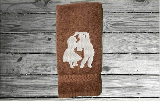 Brown hand towel personalized couple gift, premium soft and absorbent terry towel 16" x 27" for the couple that enjoys dancing, wedding gift, anniversary gift, birthday gift etc. for the farmhouse decor, bathroom or kitchen for all to enjoy - Borgmanns Creations