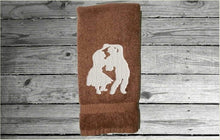 Load image into Gallery viewer, Brown hand towel personalized couple gift, premium soft and absorbent terry towel 16&quot; x 27&quot; for the couple that enjoys dancing, wedding gift, anniversary gift, birthday gift etc. for the farmhouse decor, bathroom or kitchen for all to enjoy - Borgmanns Creations
