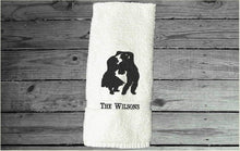 Load image into Gallery viewer, White hand towel personalized couple gift, premium soft and absorbent terry towel 16&quot; x 30&quot; for the couple that enjoys dancing, wedding gift, anniversary gift, birthday gift etc. for the farmhouse decor, bathroom or kitchen for all to enjoy - Borgmanns Creations
