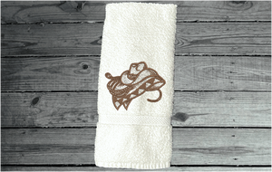 White Bath hand towel western decor - farmhouse decor - embroidered cowboy hat, rope and blanket - premium soft and absorbent towel - gift for mom, housewarming gift for friend, bathroom / kitchen home decor - Borgmanns Creations 2