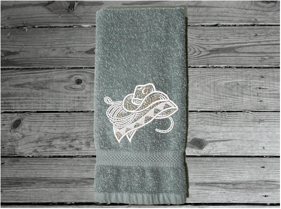 Gray Bath hand towel western decor - farmhouse decor - embroidered cowboy hat, rope and blanket - premium soft and absorbent towel - gift for mom, housewarming gift for friend, bathroom / kitchen home decor - Borgmanns Creations 3