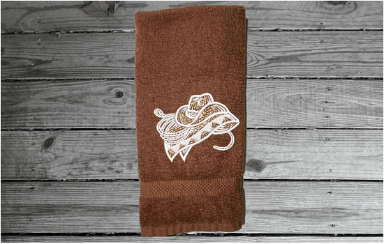 Brown bath hand towel western decor - farmhouse decor - embroidered cowboy hat, rope and blanket - premium soft and absorbent towel - gift for mom, housewarming gift for friend, bathroom / kitchen home decor - Borgmanns Creations 4