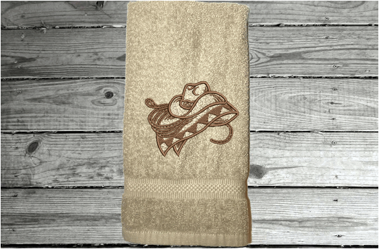 Beige bath hand towel western decor - farmhouse decor - embroidered cowboy hat, rope and blanket - premium soft and absorbent towel - gift for mom, housewarming gift for friend, bathroom / kitchen home decor - Borgmanns Creations 5