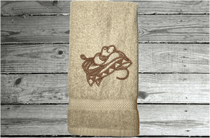 Beige bath hand towel western decor - farmhouse decor - embroidered cowboy hat, rope and blanket - premium soft and absorbent towel - gift for mom, housewarming gift for friend, bathroom / kitchen home decor - Borgmanns Creations 5