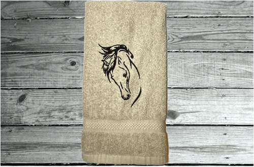 Beige hand towel - horse head art - luxuriously soft towel - embroidered horse gift - country decor - personalized wedding gift - new couple - bathroom / kitchen - western atmosphere farmhouse decor -  horse loving family gift - Borgmanns Creations 1