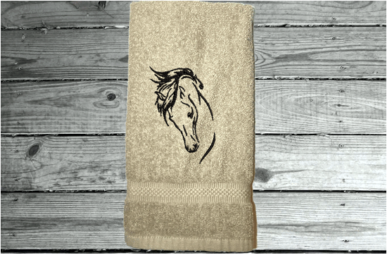 Beige hand towel - horse head art - luxuriously soft towel - embroidered horse gift - country decor - personalized wedding gift - new couple - bathroom / kitchen - western atmosphere farmhouse decor -  horse loving family gift - Borgmanns Creations 1
