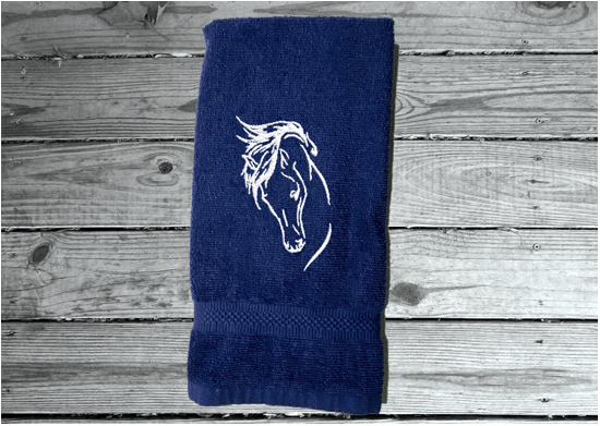 Blue hand towel - horse head art - luxuriously soft towel - embroidered horse gift - country decor - personalized wedding gift - new couple - bathroom / kitchen - western atmosphere farmhouse decor -  horse loving family gift - Borgmanns Creations 2