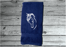 Load image into Gallery viewer, Blue hand towel - horse head art - luxuriously soft towel - embroidered horse gift - country decor - personalized wedding gift - new couple - bathroom / kitchen - western atmosphere farmhouse decor -  horse loving family gift - Borgmanns Creations 2
