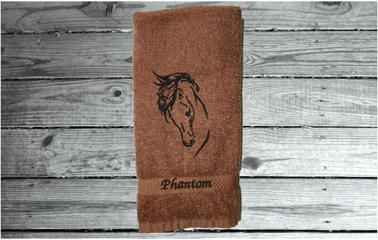 Brown hand towel - horse head art - luxuriously soft towel - embroidered horse gift - country decor - personalized wedding gift - new couple - bathroom / kitchen - western atmosphere farmhouse decor -  horse loving family gift - Borgmanns Creations 3