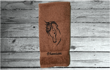 Load image into Gallery viewer, Brown hand towel - horse head art - luxuriously soft towel - embroidered horse gift - country decor - personalized wedding gift - new couple - bathroom / kitchen - western atmosphere farmhouse decor -  horse loving family gift - Borgmanns Creations 3
