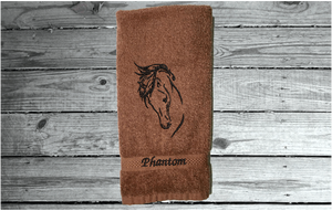 Brown hand towel - horse head art - luxuriously soft towel - embroidered horse gift - country decor - personalized wedding gift - new couple - bathroom / kitchen - western atmosphere farmhouse decor -  horse loving family gift - Borgmanns Creations 3