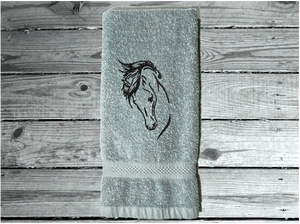 Gray hand towel - horse head art - luxuriously soft towel - embroidered horse gift - country decor - personalized wedding gift - new couple - bathroom / kitchen - western atmosphere farmhouse decor - horse loving family gift - Borgmanns Creations 3