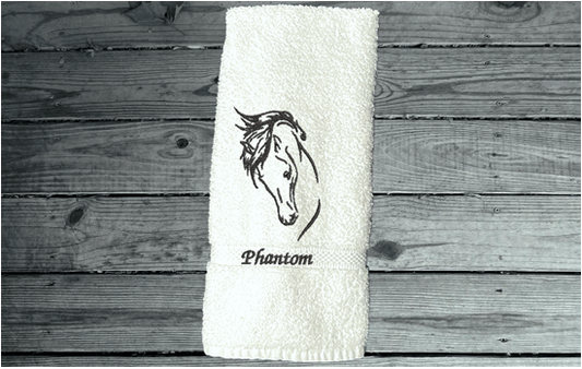 White hand towel - horse head art - luxuriously soft towel - embroidered horse gift - country decor - personalized wedding gift - new couple - bathroom / kitchen - western atmosphere farmhouse decor -  horse loving family gift - Borgmanns Creations 5