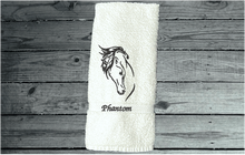 Load image into Gallery viewer, White hand towel - horse head art - luxuriously soft towel - embroidered horse gift - country decor - personalized wedding gift - new couple - bathroom / kitchen - western atmosphere farmhouse decor -  horse loving family gift - Borgmanns Creations 5
