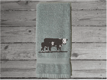 Load image into Gallery viewer, Gray embroidered bath hand towel - country farmhouse - Hereford cow - western decor - wedding gift - new couple - bathroom / kitchen -  barn towel -  housewarming or birthday gift - Borgmanns Creations 2
