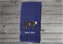 Load image into Gallery viewer, Blue embroidered bath hand towel - country farmhouse - Hereford cow - western decor - wedding gift - new couple - bathroom / kitchen -  barn towel -  housewarming or birthday gift - Borgmanns Creations 3
