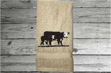 Load image into Gallery viewer, Beige embroidered bath hand towel - country farmhouse - Hereford cow - western decor - wedding gift - new couple - bathroom / kitchen -  barn towel -  housewarming or birthday gift - Borgmanns Creations 5
