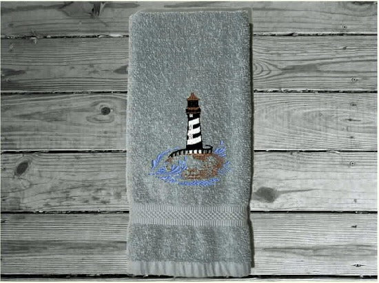 Gray Nautical hand towel - lake home decor - embroidered lighthouse on a cotton terry towel premium soft and absorbent, 16" x 27" - housewarming gift for travelers who live by the sea side or have weekend home by the water, a collector of lighthouses, Borgmanns Creations
