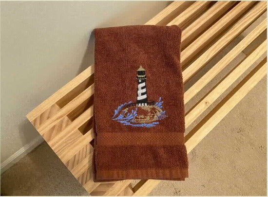 Beown Nautical hand towel - lake home decor - embroidered lighthouse on a cotton terry towel premium soft and absorbent, 16" x 27" - housewarming gift for travelers who live by the sea side or have weekend home by the water, a collector of lightouses, Borgmanns Creations