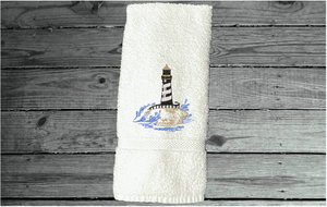White Nautical hand towel - lake home decor - embroidered lighthouse on a cotton terry towel premium soft and absorbent, 16" x 30" - housewarming gift for travelers who live by the sea side or have weekend home by the water, a collector of lighthouses, Borgmanns Creations