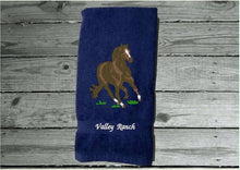 Load image into Gallery viewer, Blue hand towel - farmhouse decor - embroidered horse design - western gifts country decor - wedding gift new couple - bathroom or kitchen  - gift for a horse loving family - Borgmanns Creations 2
