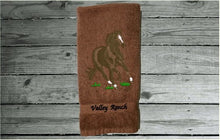 Load image into Gallery viewer, Brown hand towel - farmhouse decor - embroidered horse design - western gifts country decor - wedding gift new couple - bathroom or kitchen  - gift for a horse loving family - Borgmanns Creations 3
