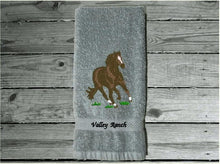 Load image into Gallery viewer, Gray hand towel - farmhouse decor - embroidered horse design - western gifts country decor - wedding gift new couple - bathroom or kitchen  - gift for a horse loving family - Borgmanns Creations 4
